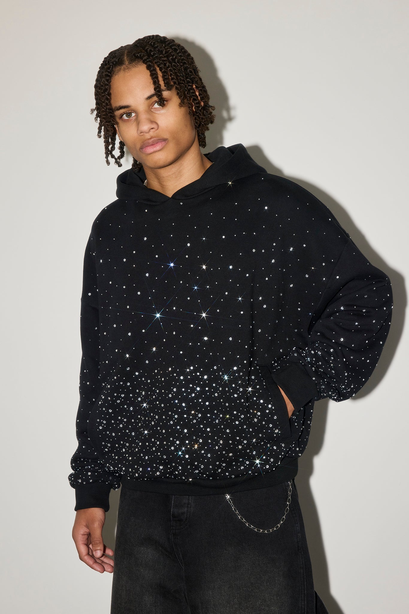 Mens Boxy Rhinestone Hoodie - Black